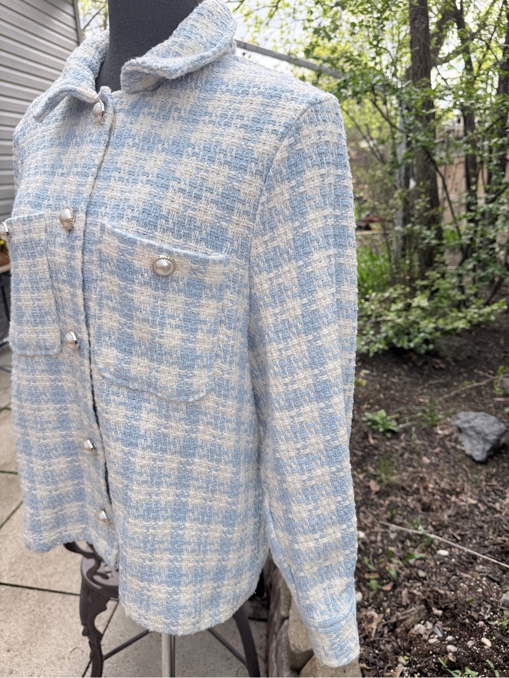Classic Tweed Women's Jacket in Light Blue and Cream - Picture 3 of 13